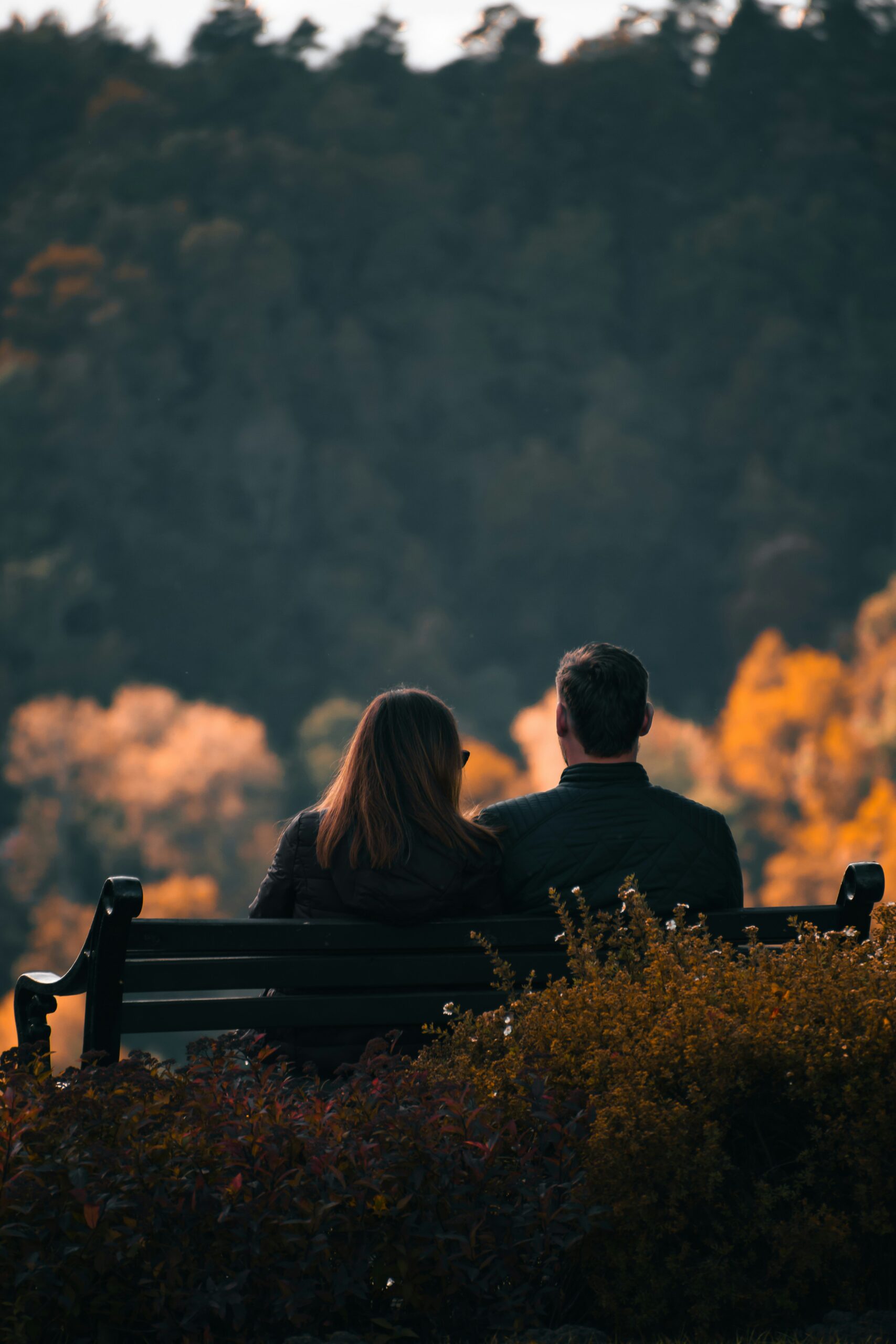 Couple sitting on bench overlooking Smoky Mountain National Park